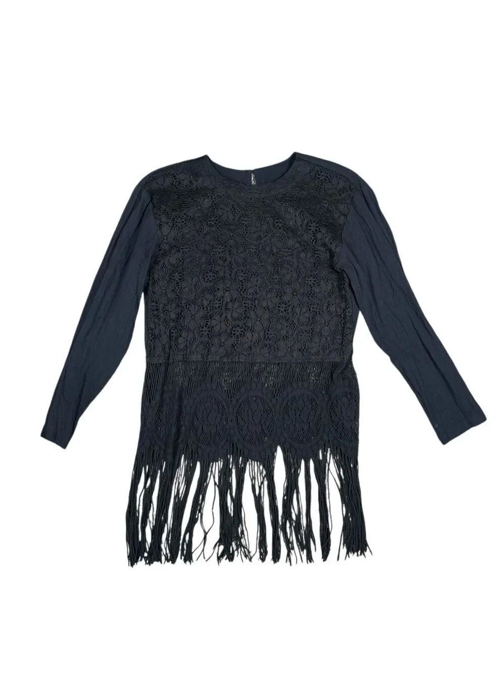Vintage Crochet Lace Fringe Black Long Sleeve Top Blouse Western Boho Festival 6
